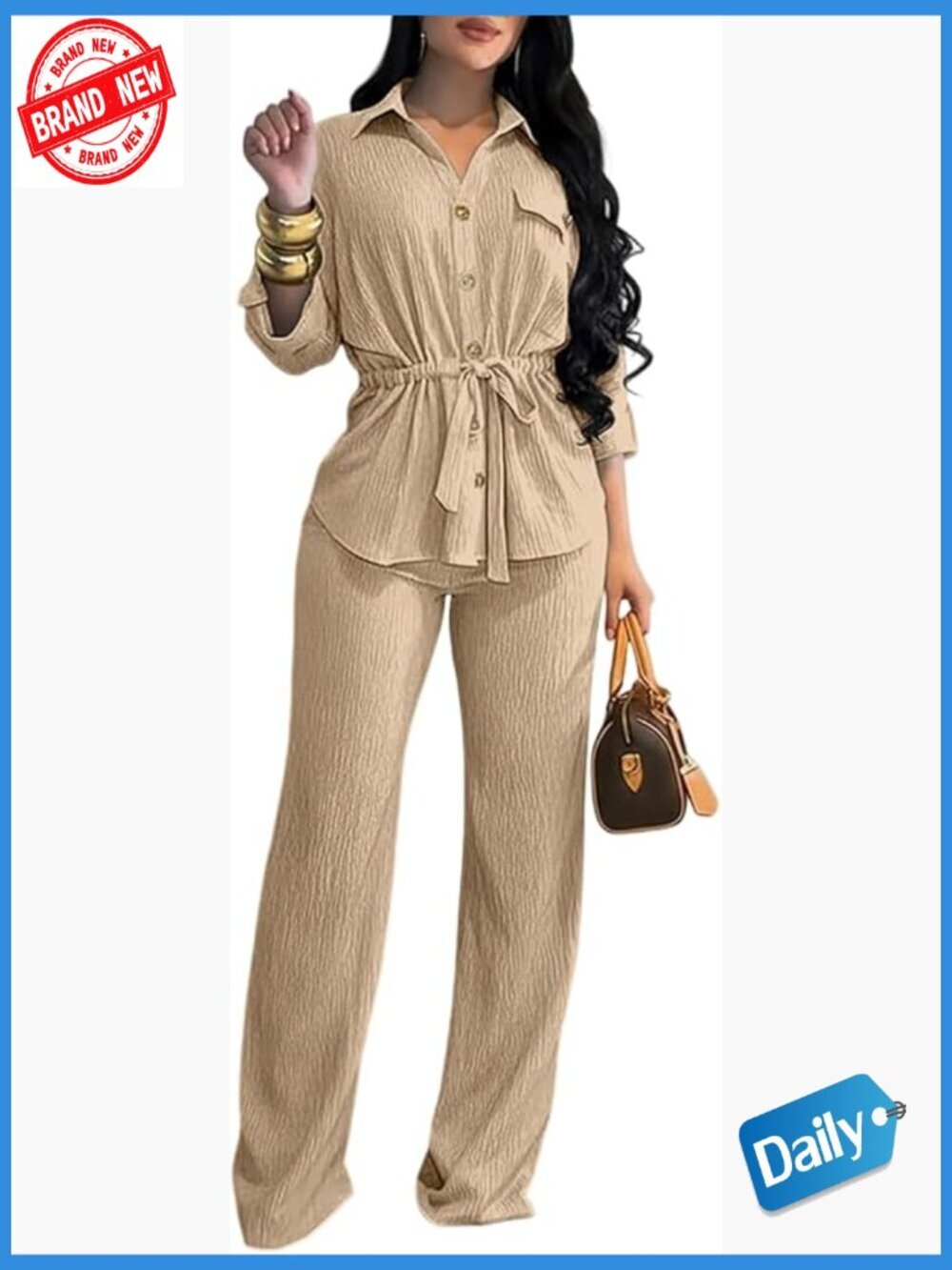 2 Piece Set Button Down Shirt Wide Leg Pants Drawstring Waist Casual Travel